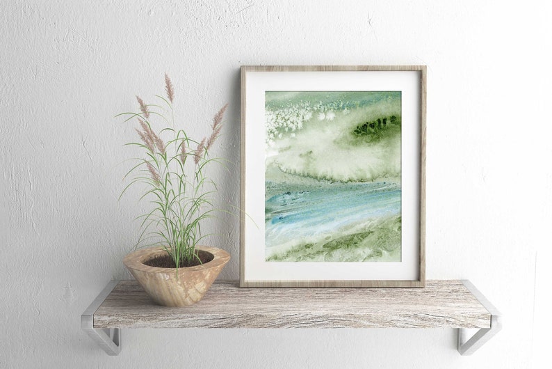 Abstract Printable Art Print Download of Watercolor Painting, Blue Green Waves Beach Decor, Digital Artwork for Walls, Living Room Wall Art