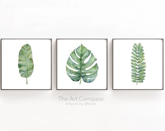 Large Botanical Print Set of 3 Digital Prints Download of Fern, Banana, Monstera Leaf Watercolor Paintings, Bedroom Wall Decor 4x4 to 24x24