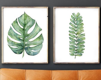 Printable Wall Art Botanical Print Set of 2, 8x10 16x20 20x30 Digital Download Monstera and Fern Leaf Paintings, Master Bedroom Wall Decor