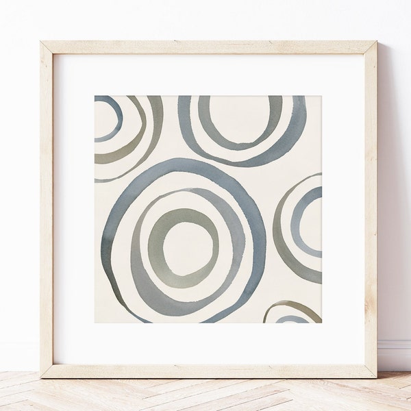 Printable Wall Art Print, Square 4x4 to 24x24 Inches, Digital Print Download, Blue Grey Cream Circle Abstract Painting, Rustic Farmhouse