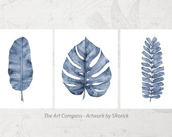 Large Botanical Print Set of 3, Printable Artwork for Walls, 8x10 16x20 24x30 Digital Prints Download of Fern Banana Monstera Leaf Paintings