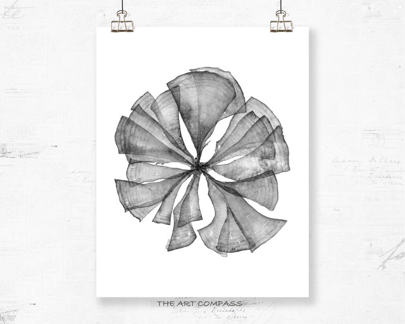 Puede incluir: Una ilustraci&oacute;n de acuarela en blanco y negro de una flor estilizada con m&uacute;ltiples capas de p&eacute;talos.