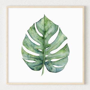 Monstera Leaf Printable Art, Watercolour Painting Digital Download, 4x4 to 24x24 Square Artwork, Home Office Wall Decor in Blue Green Shades