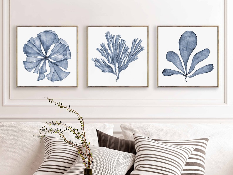 Art Printable Set of 3 Square Downloadable Prints of Navy Blue Sea Fan Watercolour Paintings, Matching Three Piece Living Room Wall Decor