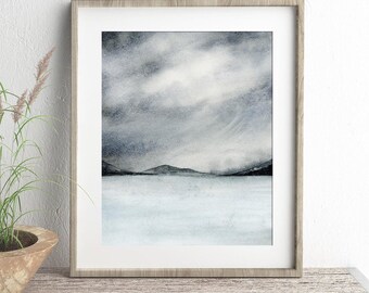 May include: A watercolor painting of a landscape with a light blue sky and dark blue mountains in the distance. The sky is filled with white clouds.
