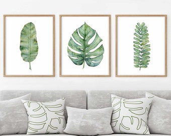 Large Botanical Print Set of 3 Digital Prints Download of Fern, Banana, Monstera Leaf Watercolor Paintings, Bedroom Wall Decor 16x20 24x30