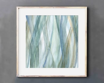 Digital Download Art Print, Square Artwork of Abstract Painting in Green, Blue and Gold, Spa Bathroom Wall Decor, Printable Art Office Decor