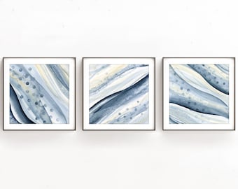 Art Printable Set of 3 Square Downloadable Prints of Navy Blue Abstract Watercolour Paintings, Matching Three Piece Living Room Wall Decor