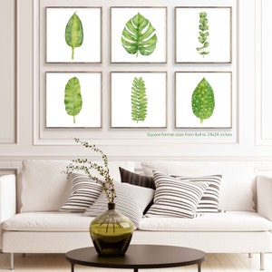 Printable Art Prints, Green Tropical Leaf Art, Botanical Gallery Wall Set of 6 Prints of Watercolor Paintings, Square Artwork for Walls