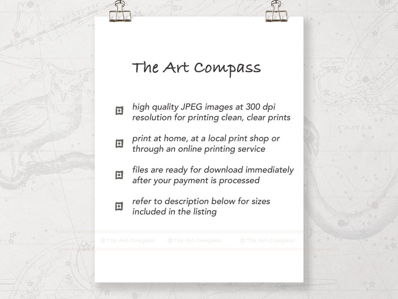 Puede incluir: Una hoja de papel blanca con el texto "The Art Compass" en la parte superior. El texto de abajo describe las im&aacute;genes JPEG de alta calidad a 300 dpi de resoluci&oacute;n para imprimir limpias y claras. El texto tambi&eacute;n describe c&oacute;mo imprimir en casa, en una tienda de impresi&oacute;n local o a trav&eacute;s de un servicio de impresi&oacute;n en l&iacute;nea. El texto tambi&eacute;n describe c&oacute;mo los archivos est&aacute;n listos para descargarse inmediatamente despu&eacute;s de que se procese el pago. El texto tambi&eacute;n describe c&oacute;mo consultar la descripci&oacute;n a continuaci&oacute;n para conocer los tama&ntilde;os incluidos en la lista.