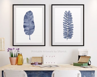 Printable Art Set of 2 Prints, Navy Blue Watercolor Fern Print Download, Banana Leaf Artwork for Walls, Tropical Leaves Downloadable Prints