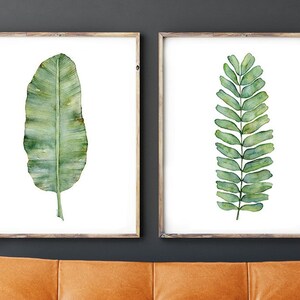Printable Wall Art, Digital Download, Watercolor Botanical Print Set of 2 Prints, Fern and Banana Leaf Wall Decor in 8x10 11x14 16x20 inch