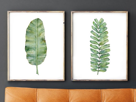 Printable Wall Art, Digital Download, Watercolor Botanical Print Set of 2 Prints, Fern and Banana Leaf Wall Decor in 8x10 11x14 16x20 inch