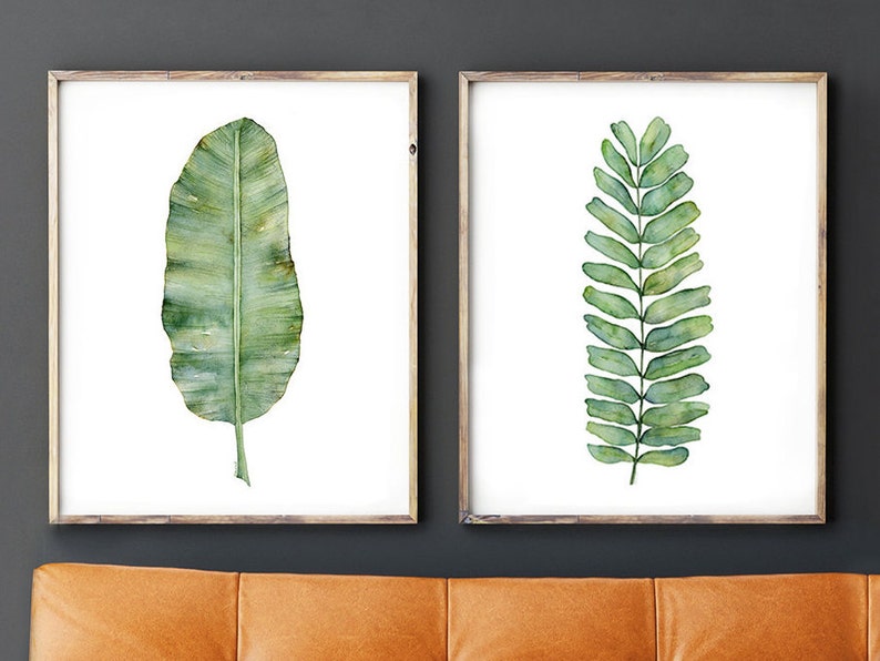 Printable Wall Art, Digital Download, Watercolor Botanical Print Set of 2 Prints, Fern and Banana Leaf Wall Decor in 8x10 11x14 16x20 inch