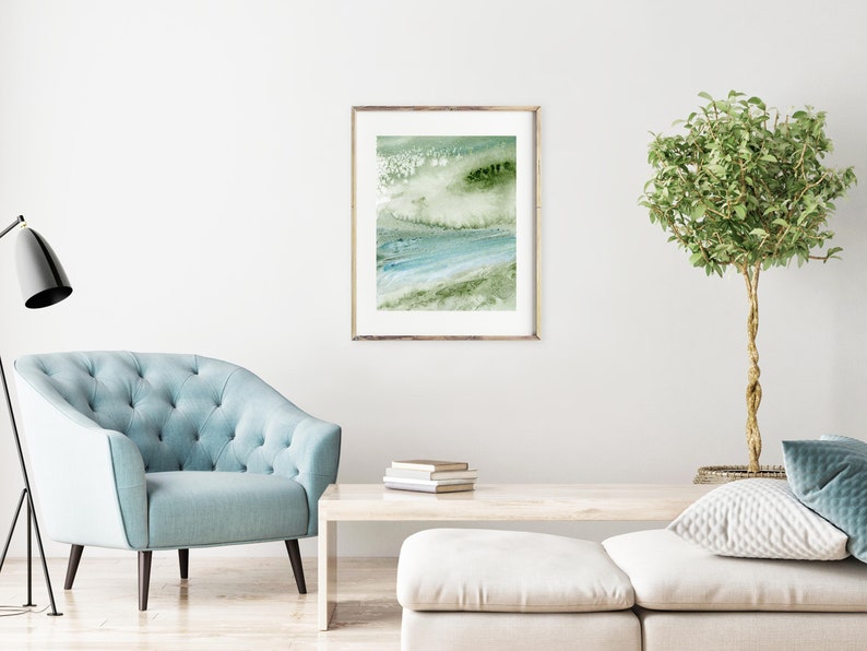 Abstract Printable Art Print Download of Watercolor Painting, Blue Green Waves Beach Decor, Digital Artwork for Walls, Living Room Wall Art