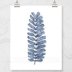 Fern Leaf Digital Print Download, Printable Wall Art, Large Botanical Art Watercolor Print, Blue Artwork Instant Download Tropical Decor