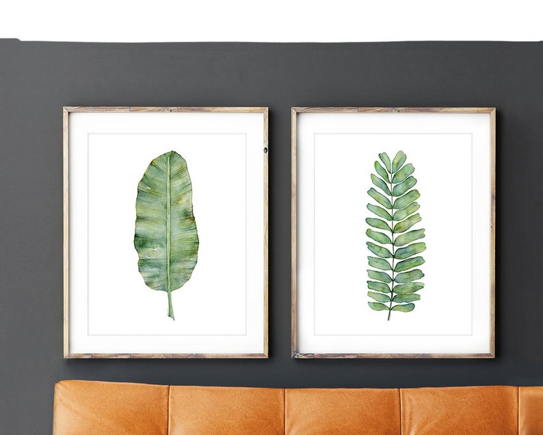May include: Two framed watercolor prints of green leaves. The print on the left features a single large banana leaf. The print on the right features a cluster of smaller leaves.