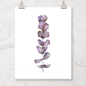 Eucalyptus Print, PRINTABLE Wall Art of Eucalyptus Leaves, Purple Botanical Print of Watercolor Painting, Bedroom Wall Decor Over the Bed