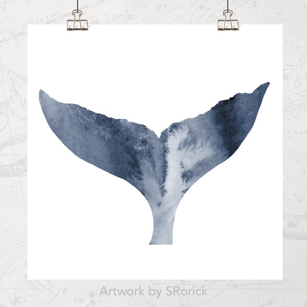 Whale Tail Art Print, Digital Download, Printable Art Print in Navy Blue, Coastal Wall Art for Bedroom Wall Decor, Square Artwork for Walls