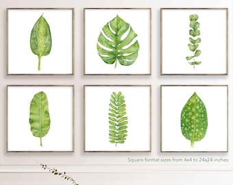 Printable Art Prints, Green Tropical Leaf Art, Botanical Gallery Wall Set of 6 Prints of Watercolor Paintings, Square Artwork for Walls