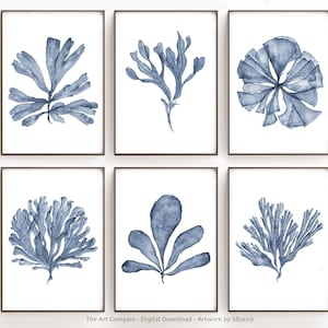 Printable Wall Art Set of 6 Prints, Digital Prints, Blue Sea Fan Watercolour Paintings, Hamptons Style Living Room Wall Decor A2 A3 A4 A5 A6