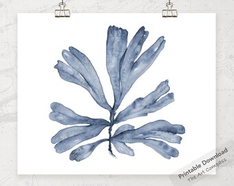 Hamptons Style Decor, Printable Art Watercolor Blue Sea Fan Coral, Tropical Print Wall Art Beach House Decor, Coastal Digital Print Download