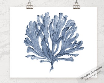 Hampton Style Printable Wall Art of Sea Fan Watercolor Painting, Digital Print Download, Coastal Decor for Master Bedroom Art Over the Bed