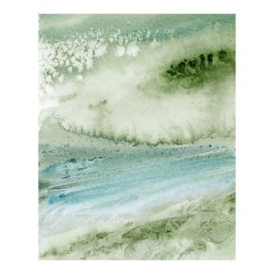 May include: Abstract watercolor painting with shades of green, blue, and white. The painting has a layered effect, with the green shades appearing in the background and the blue shades in the foreground.
