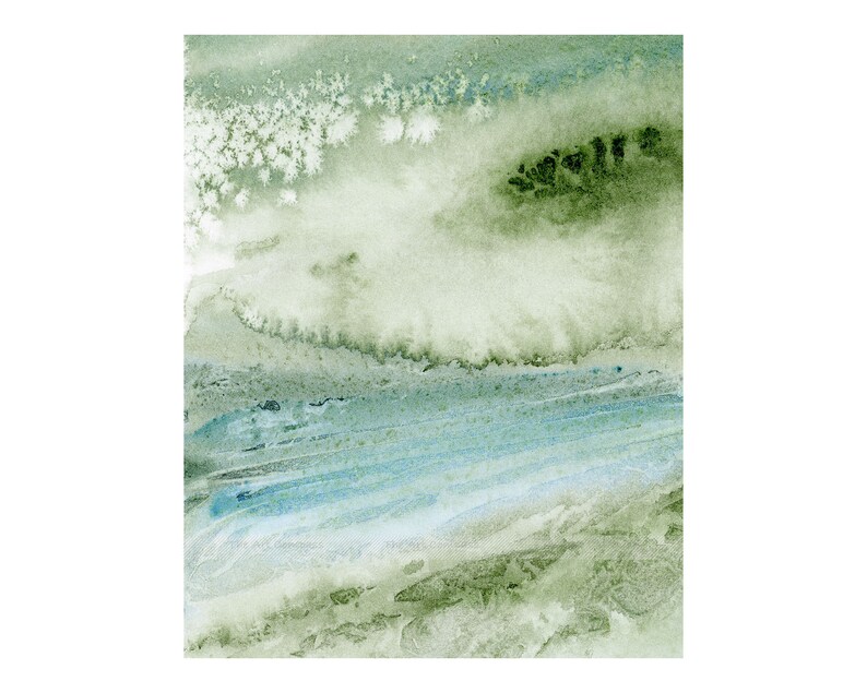 May include: Abstract watercolor painting with shades of green, blue, and white. The painting has a layered effect, with the green shades appearing in the background and the blue shades in the foreground.