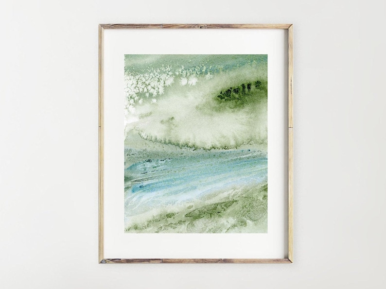 Abstract Printable Art Print Download of Watercolor Painting, Blue Green Waves Beach Decor, Digital Artwork for Walls, Living Room Wall Art