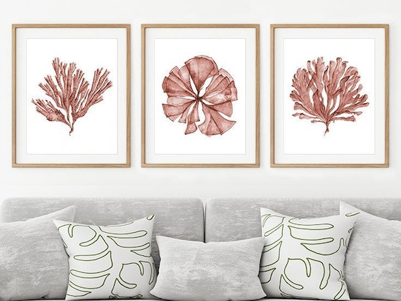Printable Wall Art Set Of 3 In Plum Color Sea Fan Watercolor Paintings Digital Prints Download 8x10 16x20 24x30 Bedroom Wall Art Over Bed