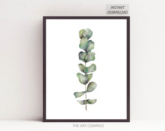 Digital Download Art Print of Green Eucalyptus Leaves, Botanical Illustration Printable Art, Spa Bathroom Wall Decor, Greenery Office Decor