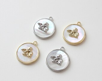 4pcs 15x18mm 14K Gold Brass MOP Shelll Angel Charm Pendants,MOP Shell Round Charm Pendants GL397