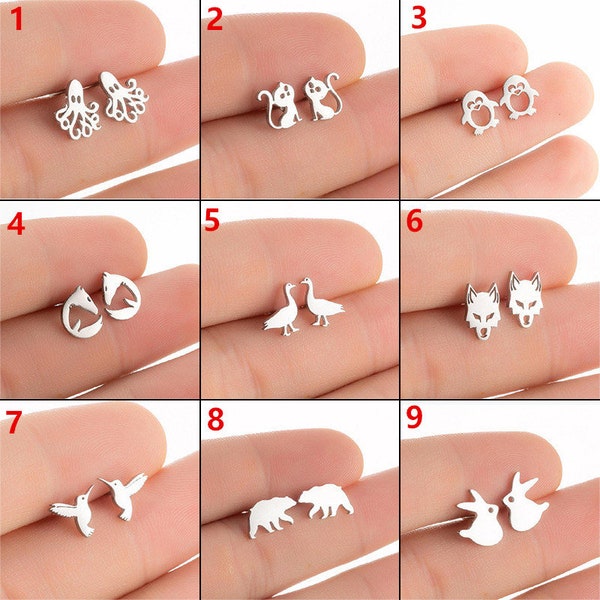 6pcs Animal Ear Studs,Wolf Earring,Octopus Earring,Stainless Steel Earring,Tiny Earrings D386