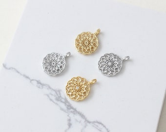 14.5x19.5mm 14K Gold Plated Brass Zircon Round Flower Charm Pendant GL1291