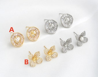 14K Gold Plated Ear Stud,Brass Ear Studs, Flower Ear Stud,Jewelry Earring Accessories With 925 Sterling Silver Pin R464YY
