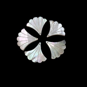 May include: Five iridescent, fan-shaped shell pendants arranged in a circular pattern against a black background. Each pendant has a small hole at the top for stringing. The shell material reflects light, displaying a range of colors.