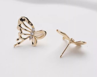 14K Gold Plated Brass Zircon Butterfly Ear Studs With 925 Sterling Silver Pin Jewelry Earrings Accessories GL2367