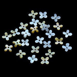 May include: A selection of flower-shaped buttons in shades of white and yellow, set against a black backdrop. Each button features four petals and two sewing holes. The buttons are made from a pearlescent material.