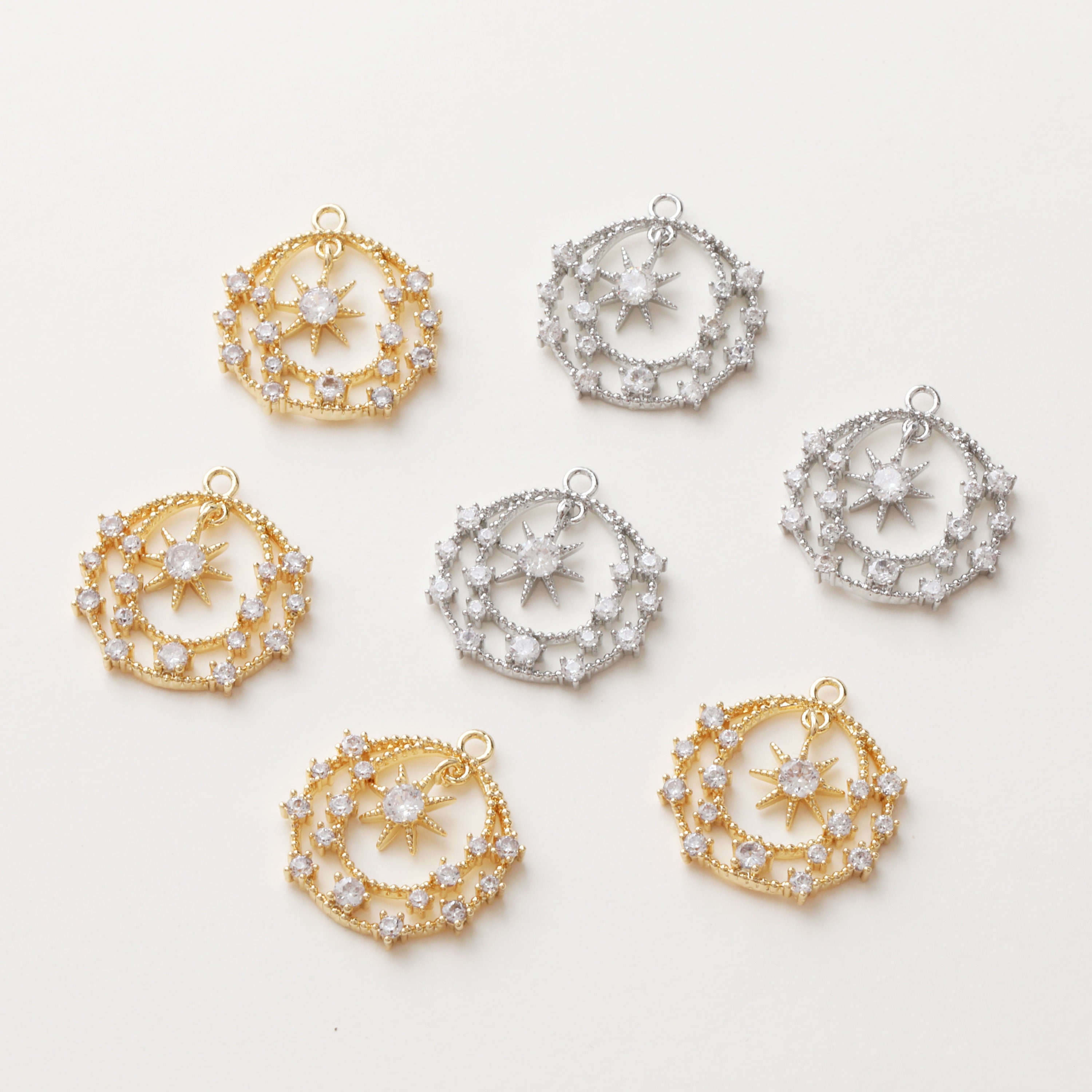 17mm 14K Gold Plated Brass CZ Pave Zircon Round Star Moon 17mm 14K Gold Plated Brass CZ Pave Zircon Round Star Moon