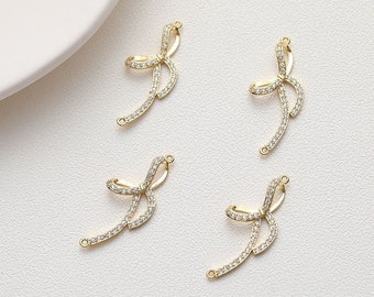 4pcs 15x34mm 14k Gold Plated Brass CZ Pave Zircon Bowknot Charm Jewelry Necklace Bracelet Pendant Connector Accessories GL699