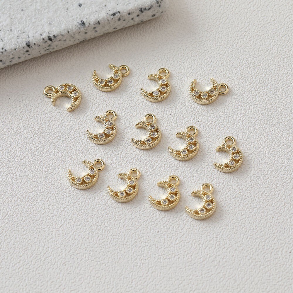 14k Gold Plated Brass CZ Pave Zircon Moon Charm Jewelry