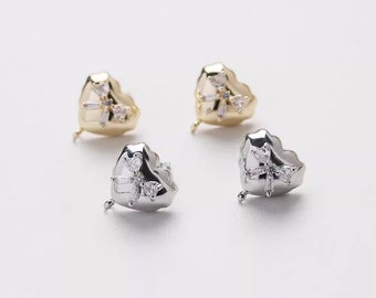 14K Gold Plated Brass Zircon Heart Ear Studs Jewelry Earring Studs Accessories GL2391
