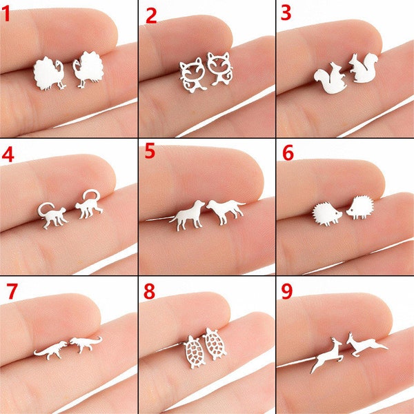 6pcs Animal Ear Studs, Peacock Earring, Squirrel Earring, Stainless Steel Earring, Tiny Earrings D368