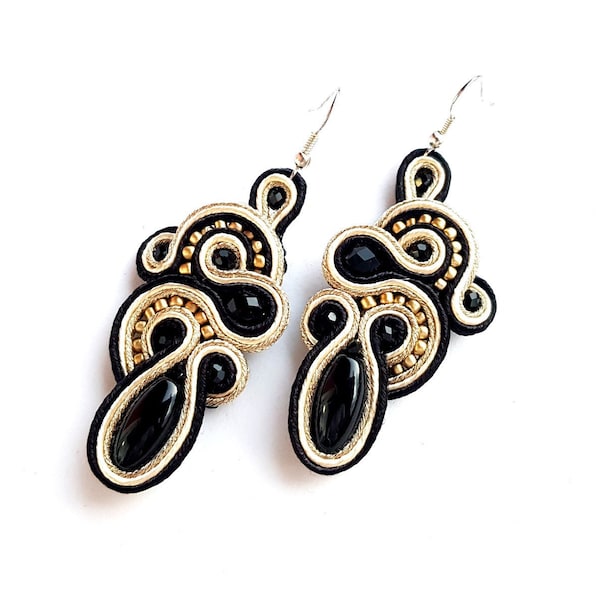 Black gold dangle earrings Onyx stones jewelry Soutache earrings Natural gemstone earrings Festive Mother's Day gift women girlfriend