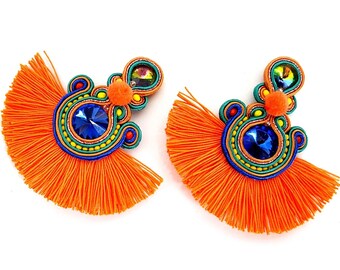 Soutache crystal earrings with bright orange tassel and pom pom Statement beach fringe earrings clip on Birthday gift for women under 40