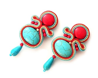 Turquoise clip on earrings Medium soutache turquoise red earrings Turquoise teardrop unique earrings Bohemian luxe dangle earrings for women