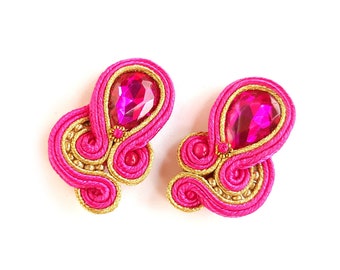 Pink clip-on earrings Pink and gold earrings Handmade Soutache earrings with crystals Pink soutache Crystal earrings  Pink earrings for girl