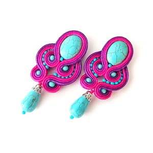 Turquoise dangle drop earrings Handmade soutache earrings Turquoise and pink fuchsia earrings for woman Summer jewelry Popular earrings 2024