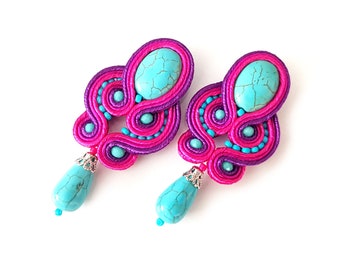 Turquoise dangle drop earrings Handmade soutache earrings Turquoise and pink fuchsia earrings for woman Summer jewelry Popular earrings 2024